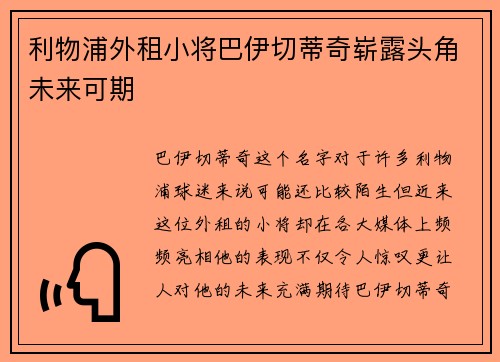 利物浦外租小将巴伊切蒂奇崭露头角未来可期 利物浦外租小将巴伊切蒂奇崭露头角未来可期