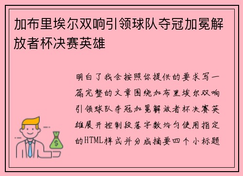 加布里埃尔双响引领球队夺冠加冕解放者杯决赛英雄 加布里埃尔双响引领球队夺冠加冕解放者杯决赛英雄