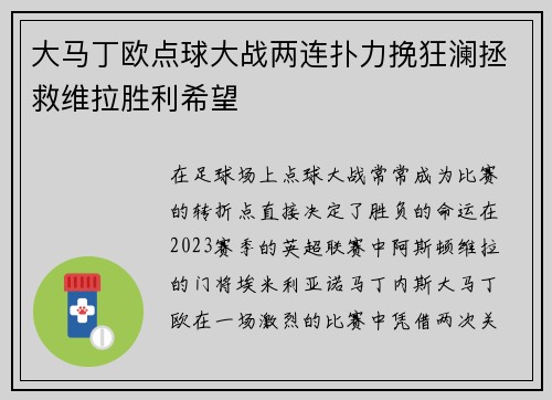 大马丁欧点球大战两连扑力挽狂澜拯救维拉胜利希望 大马丁欧点球大战两连扑力挽狂澜拯救维拉胜利希望